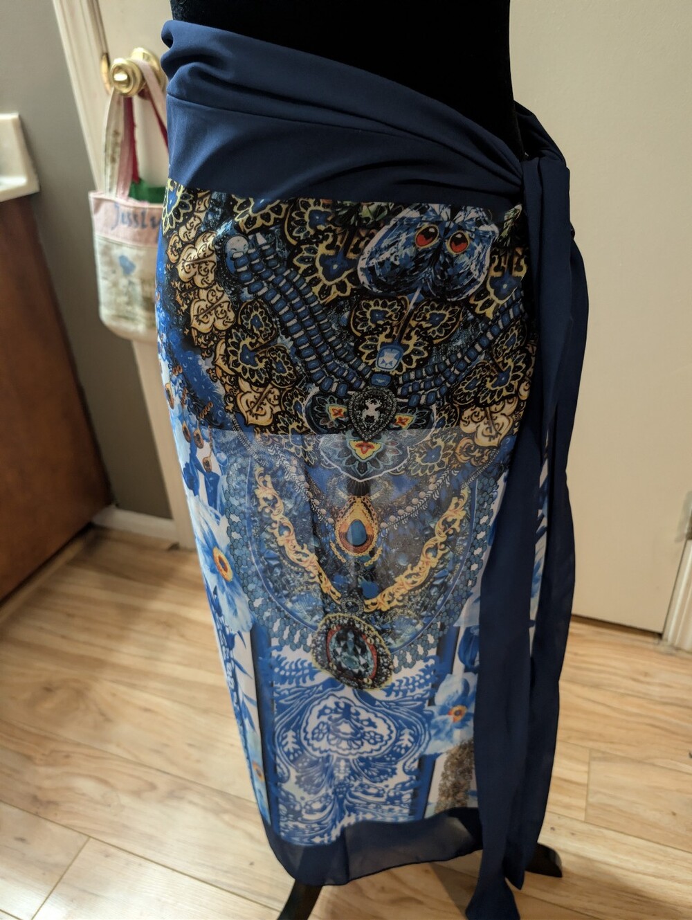 Blue Boho Jewel Print Beach Sarong Wrap Skirt Cover Up One Size